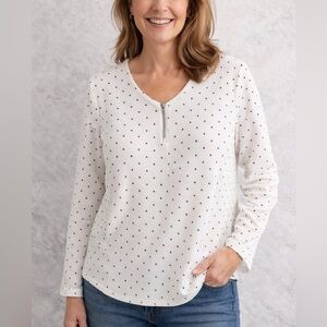 LILY MORGAN White Polka Dot Zip V-Neck Blouse - Size Medium